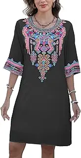 [Higustar] Women's Mexican Embroidered Dress Plus Size Bohemian Hippie Peasant Boho Floral Traditional Fiesta Dresses