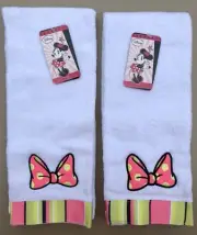Lot of 2 Disney Minnie Mouse 100% Cotton Plush Hand Towels White/Pink