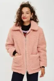 NWT Topshop Borg Zip up Teddy Jacket Coat Pink Size 8 US 12 UK