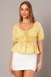 Yellow Check Ruched Peplum Top Short Sleeve - Size 14, Women's Top