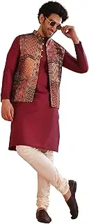 [KISAH] Men's Kurta Jacket Set, Multicolour Cotton Blend, Printed Festive Ethnic Wear
