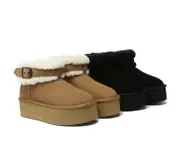 UGG EVERAU® UGG Boots Sheepskin Wool Adjustable Buckle Ankle Platform Ula - Black / AU Ladies 10 / AU Men 8 / EU 41