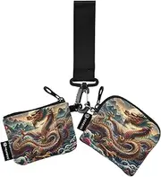 [XYMZR] Mini Zip Around Wristlet keychain Wallet Chinese Dragon Gold for Women Personalized Pattern Detachable Dual Pouch Wristlet Portable Wallet Phone Coin Purse, Multi-colored, One Size