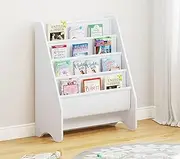 UTEX Kids Sling Bookshelf, Wooden Magazine Rack – Book Organizer & Storage Rack for Kids, White