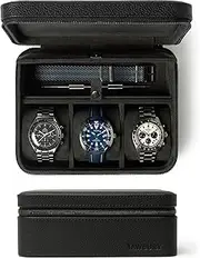 TAWBURY 3 Watch Travel Case with Storage Compartment - Designed in Australia | Unisex Top-Grain Genuine Leather Watch Case for 3 Watches & Accessories - Black