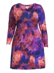 Terra & Sky Women's Plus Size 3X Red/Blue Tye Die Long Sleeve Swing Dress New