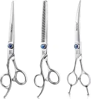 Left Handed 7" Dog Grooming Scissors Set, 3 in 1 Ergonomic Blending, Curved, Str