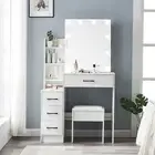 Dressing Table with Mirror and LED Lights, 4 Drawers,Modern Vanity Table, White