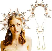 JeVenis Baroque Mary Halo Crown Headband Sun Goddess Tiara Crown Sunburst Headband Wedding Festival