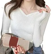 XUGYAO Ladies Sweater Women V-Neck Slim Bottoming Sweater Long Sleeve Knit Warm Casual Pullovers Office Sweater for Women Autumn Winter White