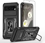 [Asuwish] Phone Case for Google Pixel 8 Pro 5G with Tempered Glass Screen Protector and Slide Camera Cover Ring Holder Kickstand Accessories Protective Pixel8Pro Pixel8 XL Eight 8Pro Women Men Black