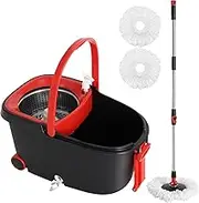 Spin Mop & Bucket Set with 2 Bonus Pads - Effortless Floor Cleaning System, 360° Rotating Mop Head & Dual-Chamber Bucket, Self-Cleaning with Wheels & Drain Valve, Adjustable Handle (Black)