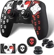 Silicone Skin Cover& Sticker x 1 & No Falling off Thumbstick x 2 for PS5 Controller (Skulls RW)