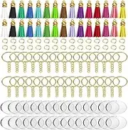 120Piece Acrylic Blank KeychainFringe Set, Round Transparent Keychain with Chain Jump Ring andColoredFringe, SuitableFor DIY and Craft
