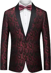 [JEShifangjiusu] Men's Suit Slim Fit Floral Tuxedo Jacket Classic Shawl Lapel Suit Coat With Bow For Wedding Party Prom, Red, L