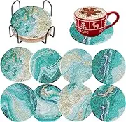 LxcshLjx 8Pcs Diamond Painting Coasters with Holder, Diamond Art Coasters for Beginners, DIY Teal Marble Ocean Coasters Set for Drinks Painting, Art Kits Craft Supplies for Adults