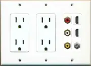2 x 15A Duplex Power Outlets RCA Red-White-Yellow 2 HD 1 Coax Wall Plate