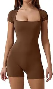 [ThreeH] Women's Short Sleeve Square Neck Bodycon Romper Stretchy Sport Exercise Athletic Jumpsuit
