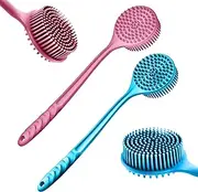 (Pack Of 2) Silicone Body Scrubber, Silicone Back Scrubber for Shower, Upgraded Body Brush Anti-Slip Long Handle Double Sided Shower Brush, Silicone Scrubber 1 X Pink + 1 X Blue
