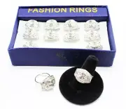 Dozen Silver Rhinestone Adjustable Rings in Display Box #R2007-12