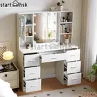Large Dressing Table Set Makeup Mirror Vanity Desk Glass Cabinet 7 Drawers White
