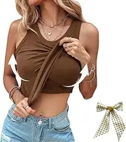 LHHYSM Round Neck Ribbed Tank Top with Bra Pads,Comfortable Plus Size Stretch Camis,Womens Basic Solid Color Camisole Brown, Large