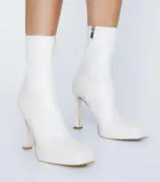 Nasty Gal, White stretch faux leather 4.25" heel platform ankle boots, size 8