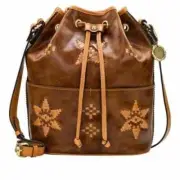 Patricia Nash Brindisi Leather Bucket Bag Congac w/ Aztec Lacing NWT