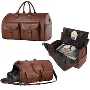 Foldable Carry on Duffel Bag PU Leather Overnight Luggage Bag With Shoes Compartment-Brown