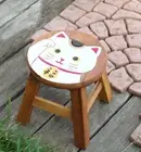 Maneki Neko Design Handmade Wooden Round Mini Stool, Chair for Toddlers, Kids