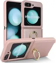 for Samsung Z Flip 5 5g Leather Crossbody Phone Case for Galaxy Z Flip5 Flip 5 ZFlip 5 Metal Ring Bracket Shockproof Lens Cover,Pink,for Galaxy Z Flip 5
