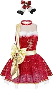 [FEESHOW] Girls Sequins Christmas Dress Santa Claus Dance Costumes Ballet Tutu Dress Figure Ice Skating Dress