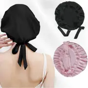 2pcs Mulberry Silk Sleep Cap with Adjustable Ribbons Silk Bonnet for Women Hair Care -Black and Pink