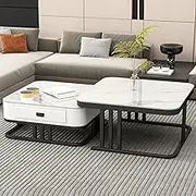 EKDJSN Coffee Table Set of 2, Square Multi-Purpose Nesting Table, Coffee Tables with Two Storage Drawers, Practical 2-in-1 Coffee Table Set, for Living Room,Bedroom,Studio(Black+White+White)