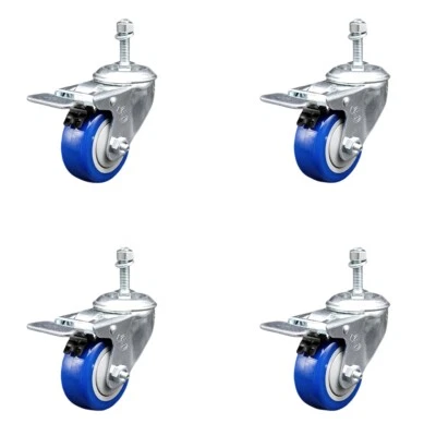 3 Inch SS Blue Polyurethane 3/8 Inch Threaded Stem Caster Set Total Lock Brake