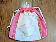 PRETTY handmade Drawstring LAUNDRY BAG w/Hand Emb. Pink BUNNY doing Laundry, NEW