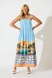 Dory Maxi Dress Spaghetti Strap in multicolor Light Blue with Multi Tropical Print 8