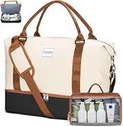 [WOOMADA] Weekender Overnight Bag for Women, Carry on Shoulder Travel Duffel with Shoes Compartment,Gym Bag with Toiletry Bag, Beige&Brown&Black