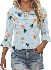 [Generic] Womens Plus Blouse Womens Tops Casual Shirts Ruffle Bell Sleeve Front Pleated Fasion Trendy Crew Neck Blouses Casual Long Sleeved Tops for Women