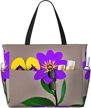 [Ghjkfbf] Purple Flower Print Large Capacity Beach Travel Bag For Family, Beach Tote Bag For Women With Zipper Pockets, Black, One Size