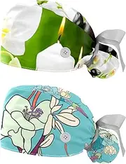 [WOSHJIUK] Working Hat 2 Pack Scrub Caps for Women,pear Blossom Stone Leaf Candle,Tie Back Cap Adjustable Scrub Hat