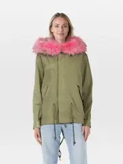 Green & Pink Fur Trim Parker Coat