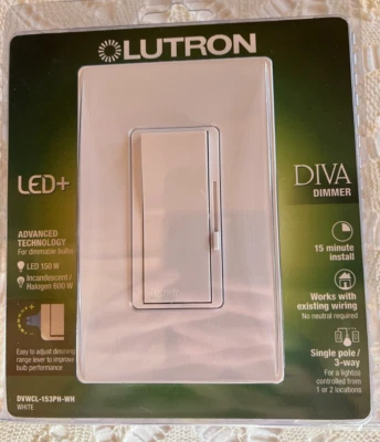 LUTRON DIMMER SWITCH DVWCL-153PH-WH Tamper Resistant Slide Dimmer LED+