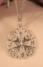 Handsome 6-Way Scapular Cross Descending Dove Silvertone Medal Pendant Necklace
