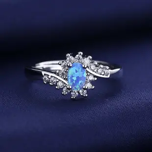 【附證書】優雅藍蛋白石戒指時尚海洋之心白鑽戒指