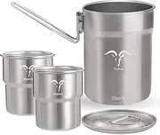 Xichno Stainless Steel CookSet with Lid & Handle 33oz 1 Pot with 2 Single Wall Cups for Hiking Camping BPA Free Portable & Durable Premium Metal Cooking Pot