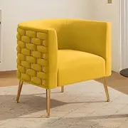 [SEYNAR] Modern Velvet Barrel Accent Chair, Comfy Wide Handmade Woven Bucket Arm Chair, Fluffy Tufted Upholstered Single Sofa Chair for Living Room, Bedroom, Office, Waiting Room(Yellow)