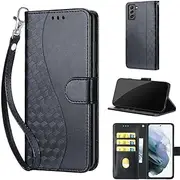SATURCASE Case for Samsung Galaxy S22, S-Cube PU Leather Flip Magnet Wallet Stand Card Slots Hand Strap Protective Cover for Samsung Galaxy S22 (BL-Black)