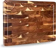 TJ POP End Grain Chopping Board for Kitchen, Premium Acacia Wood Cutting Board with Built-in Handles, Thick Butcher Block with Juice Groove, Medium Serving Board for Cheese, Bread, 38 x 28 x 3 CM