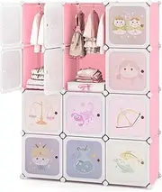 [Honey Joy] Children 12-Cube Wardrobe, Baby Dresser Kids Bedroom Armoire w/Doors & 2 Rods, Cute Cartoon Zodiac Patterns, Cube DIY Modular Storage Organiser, Portable Clothes Hanging Closet, Pink
